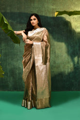 'Noor' Silver Deep Green Pure Diamond Iktara Tissue Banarasi Handloom Saree
